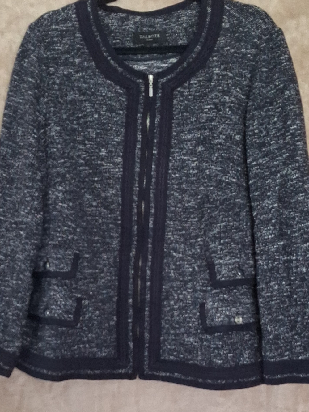 Talbots Navy and Heathered White Tweed Zip-Front Jacket